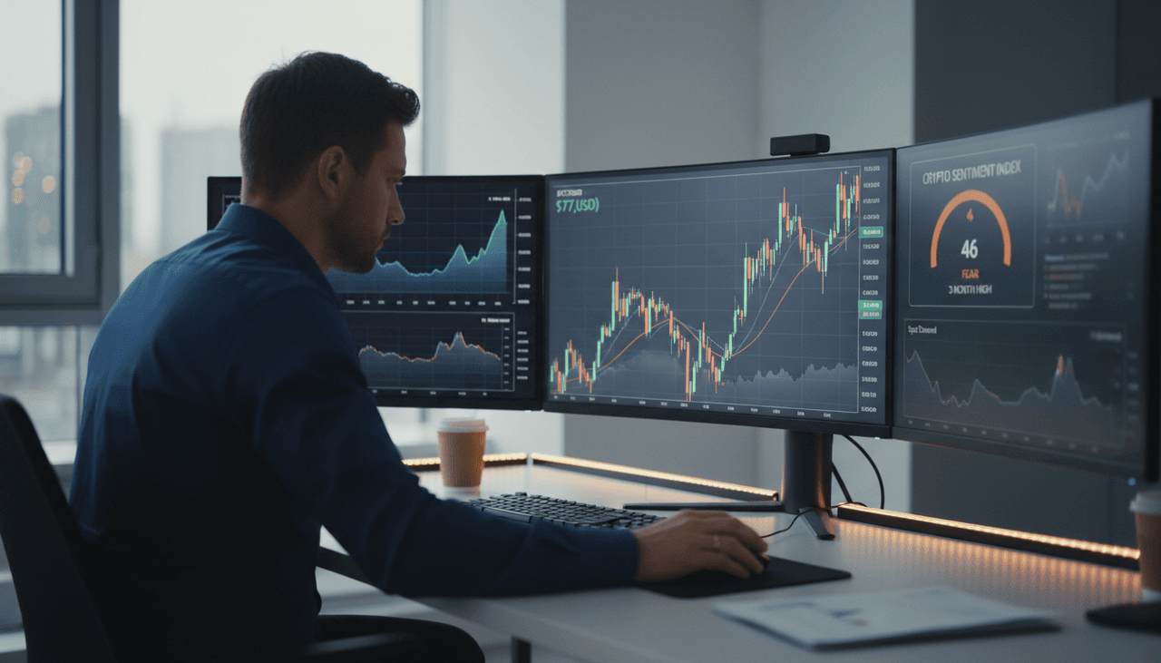Crypto Sentiment Index Hits 3-Month High as Bitcoin Holds $77K, But 'Fear' Lingers